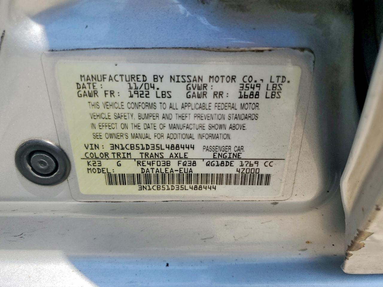 2005 Nissan Sentra 1.8 Gray vin: 3N1CB51D35L488444