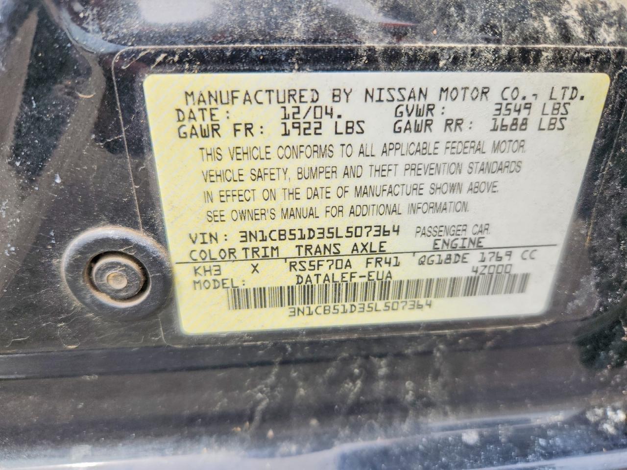 2005 Nissan Sentra Black vin: 3N1CB51D35L507364