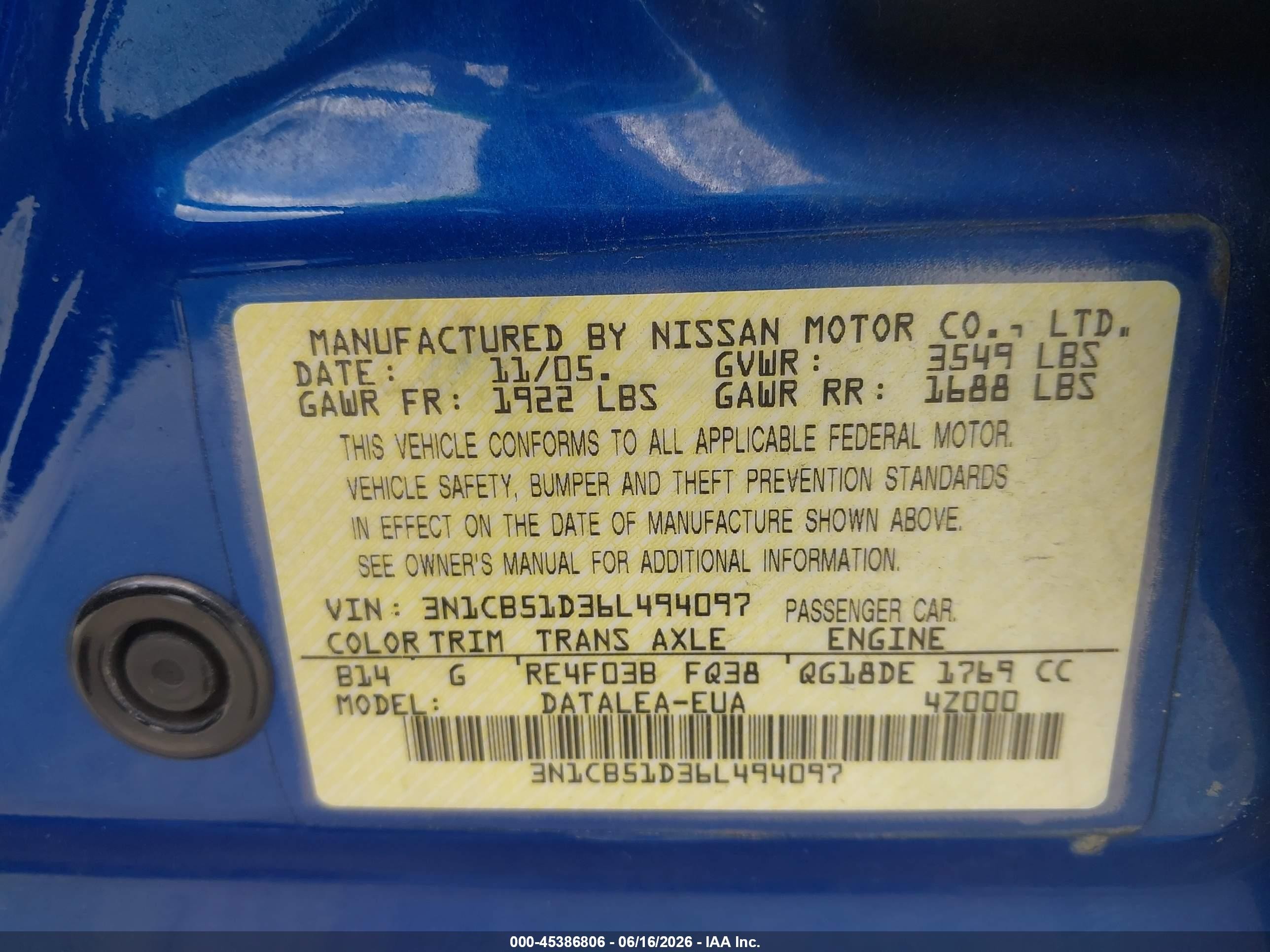 2006 Nissan Sentra 1.8s Blue vin: 3N1CB51D36L494097