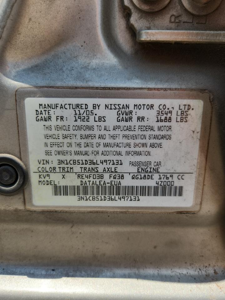 2006 Nissan Sentra 1.8 Tan vin: 3N1CB51D36L497131