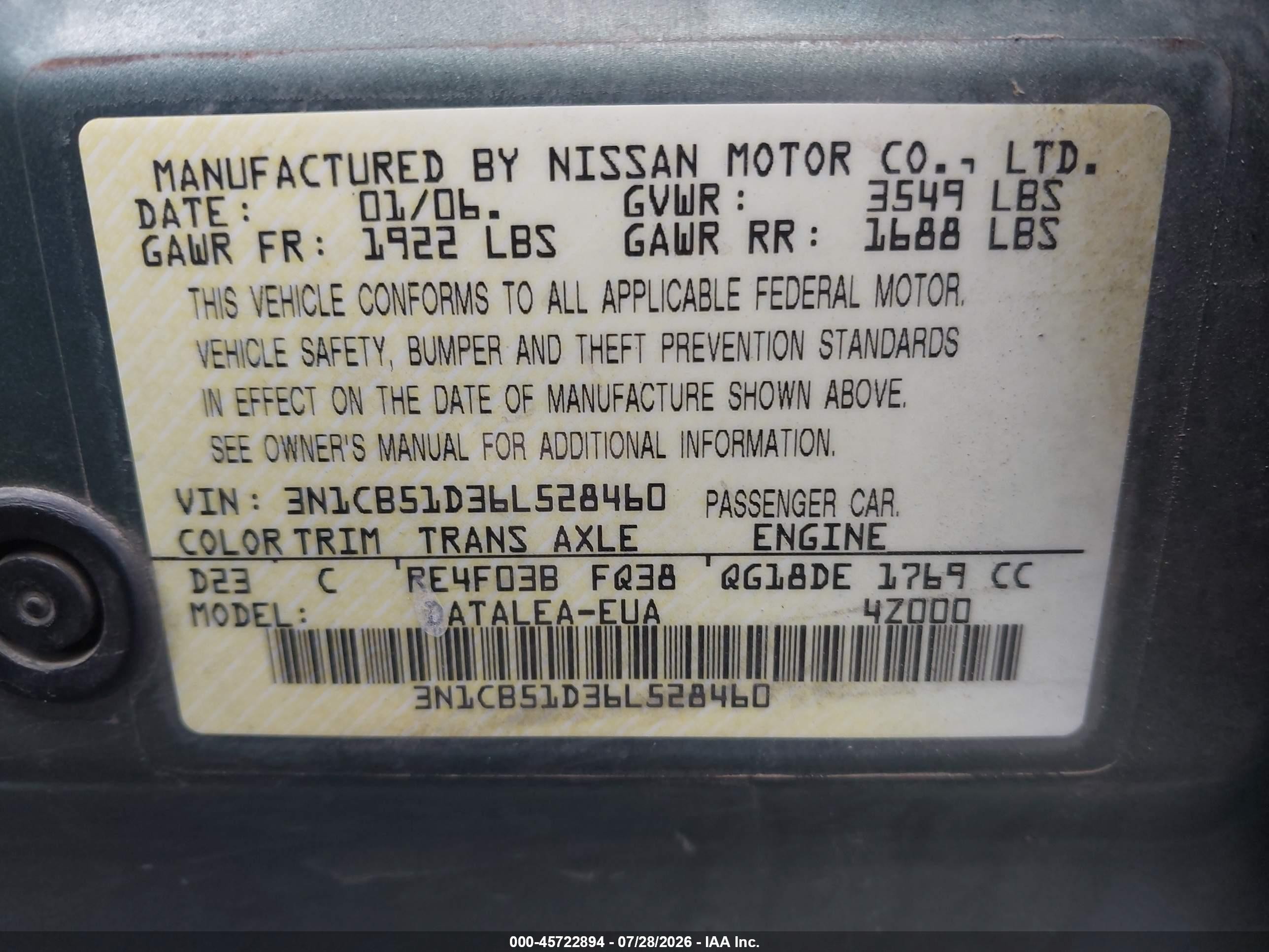 2006 Nissan Sentra 1.8s Green vin: 3N1CB51D36L528460