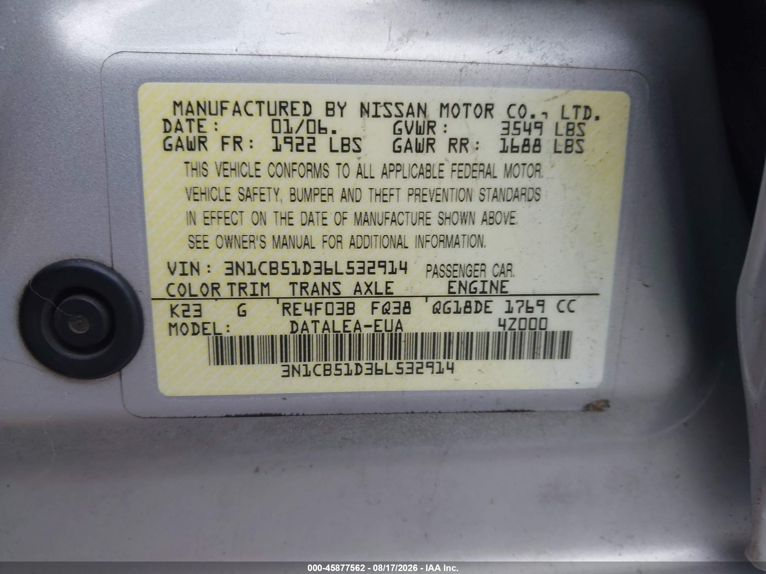 2006 Nissan Sentra 1.8s Silver vin: 3N1CB51D36L532914