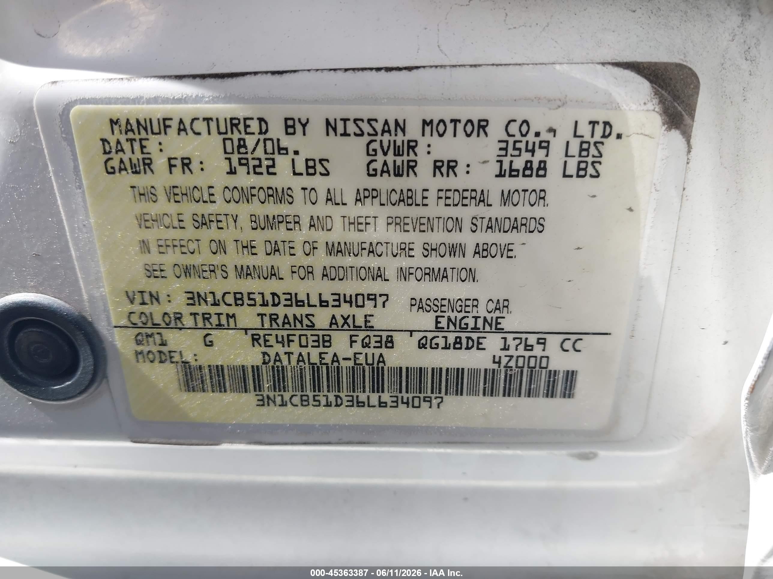 2006 Nissan Sentra 1.8s White vin: 3N1CB51D36L634097