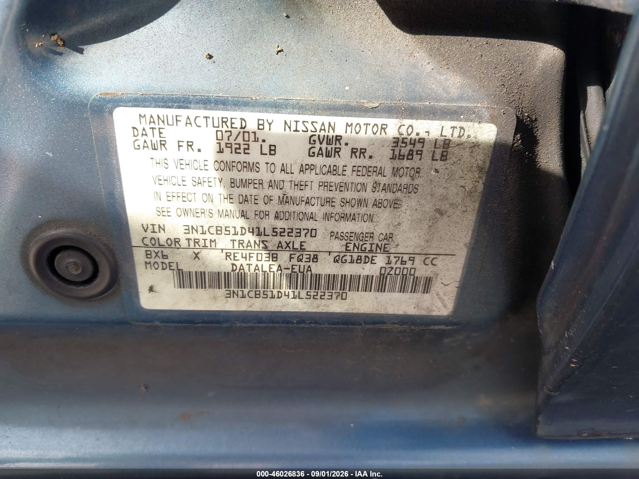 2001 Nissan Sentra Gxe Blue vin: 3N1CB51D41L522370