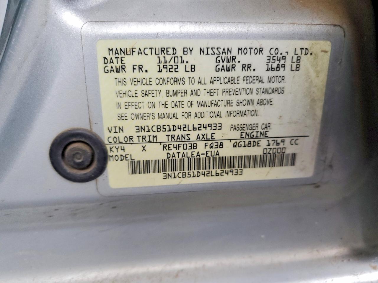 2002 Nissan Sentra Xe Серебряный vin: 3N1CB51D42L624933