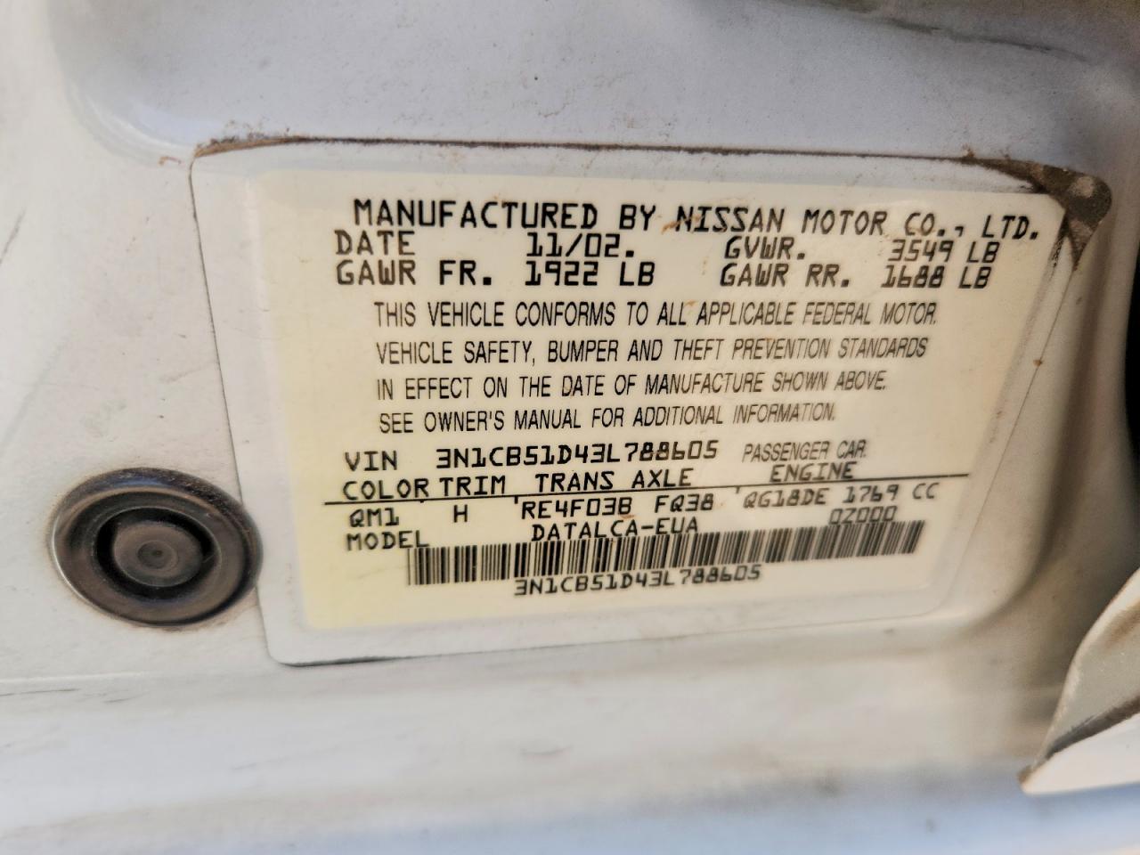 2003 Nissan Sentra Xe White vin: 3N1CB51D43L788605