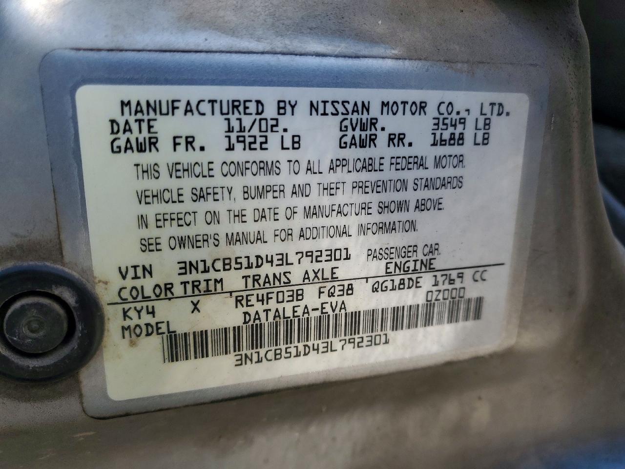 2003 Nissan Sentra Xe Серебряный vin: 3N1CB51D43L792301