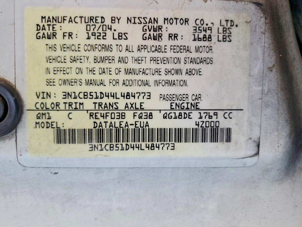 2004 Nissan Sentra 1.8 White vin: 3N1CB51D44L484773