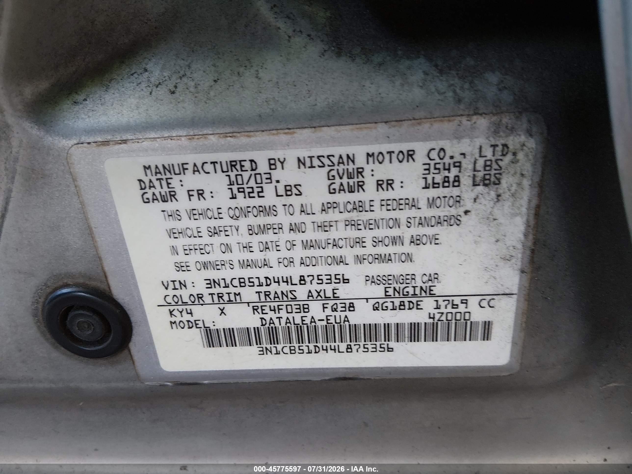 2004 Nissan Sentra 1.8s Silver vin: 3N1CB51D44L875356