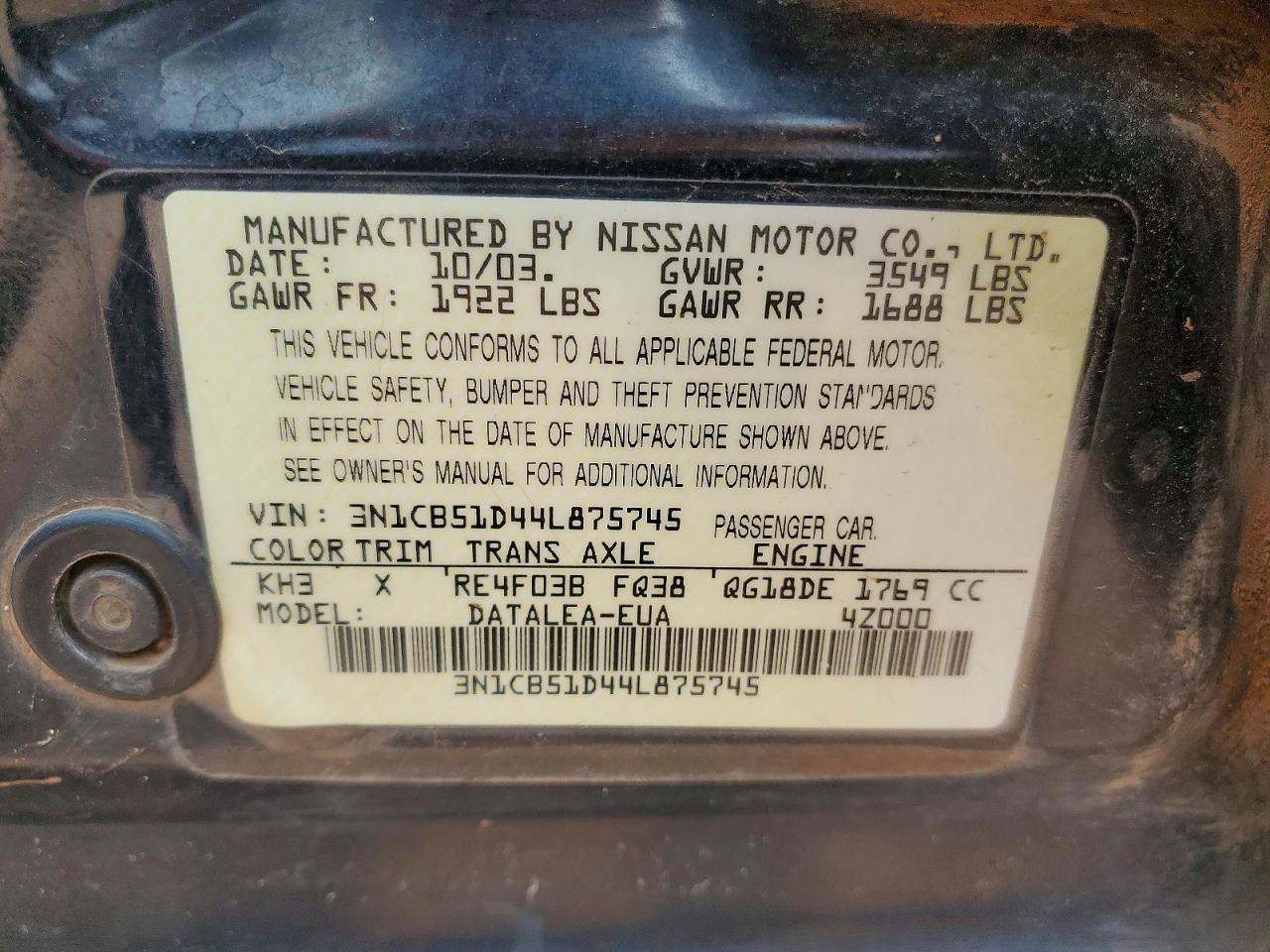 2004 Nissan Sentra Black vin: 3N1CB51D44L875745