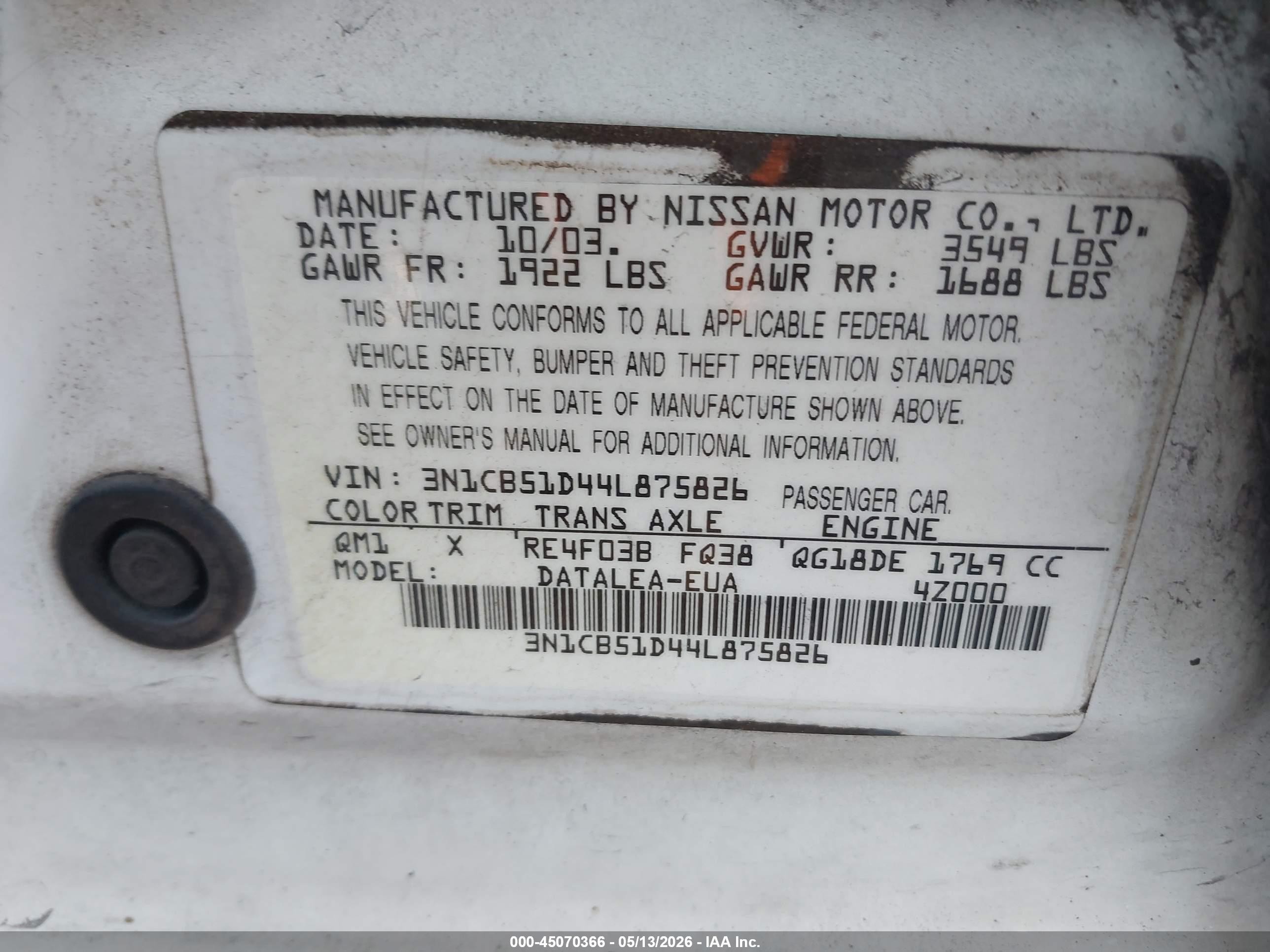 2004 Nissan Sentra 1.8s White vin: 3N1CB51D44L875826