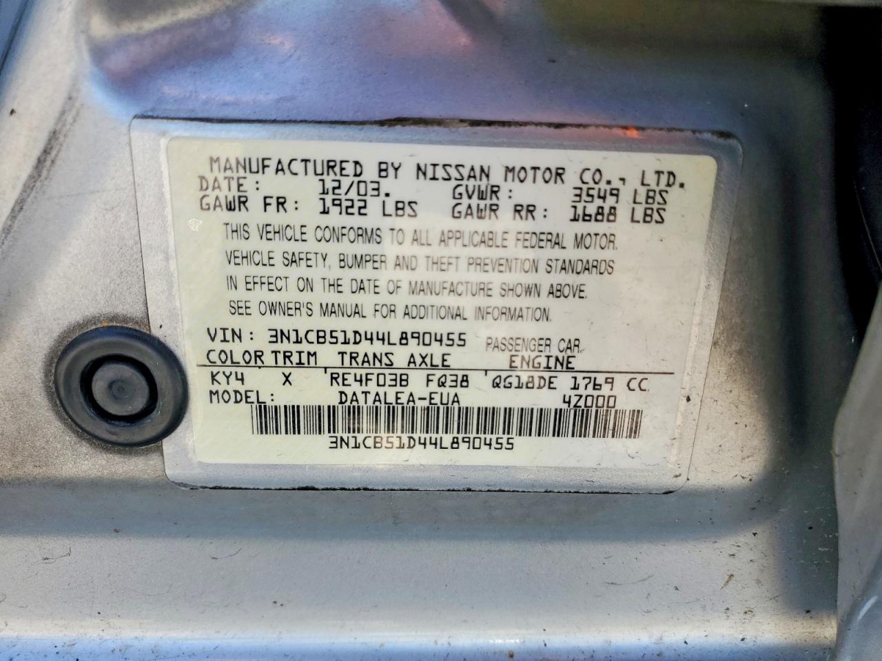2004 Nissan Sentra Silver vin: 3N1CB51D44L890455