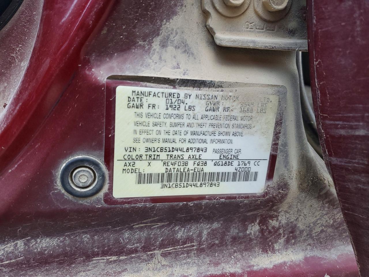 2004 Nissan Sentra 1.8 Burgundy vin: 3N1CB51D44L897843