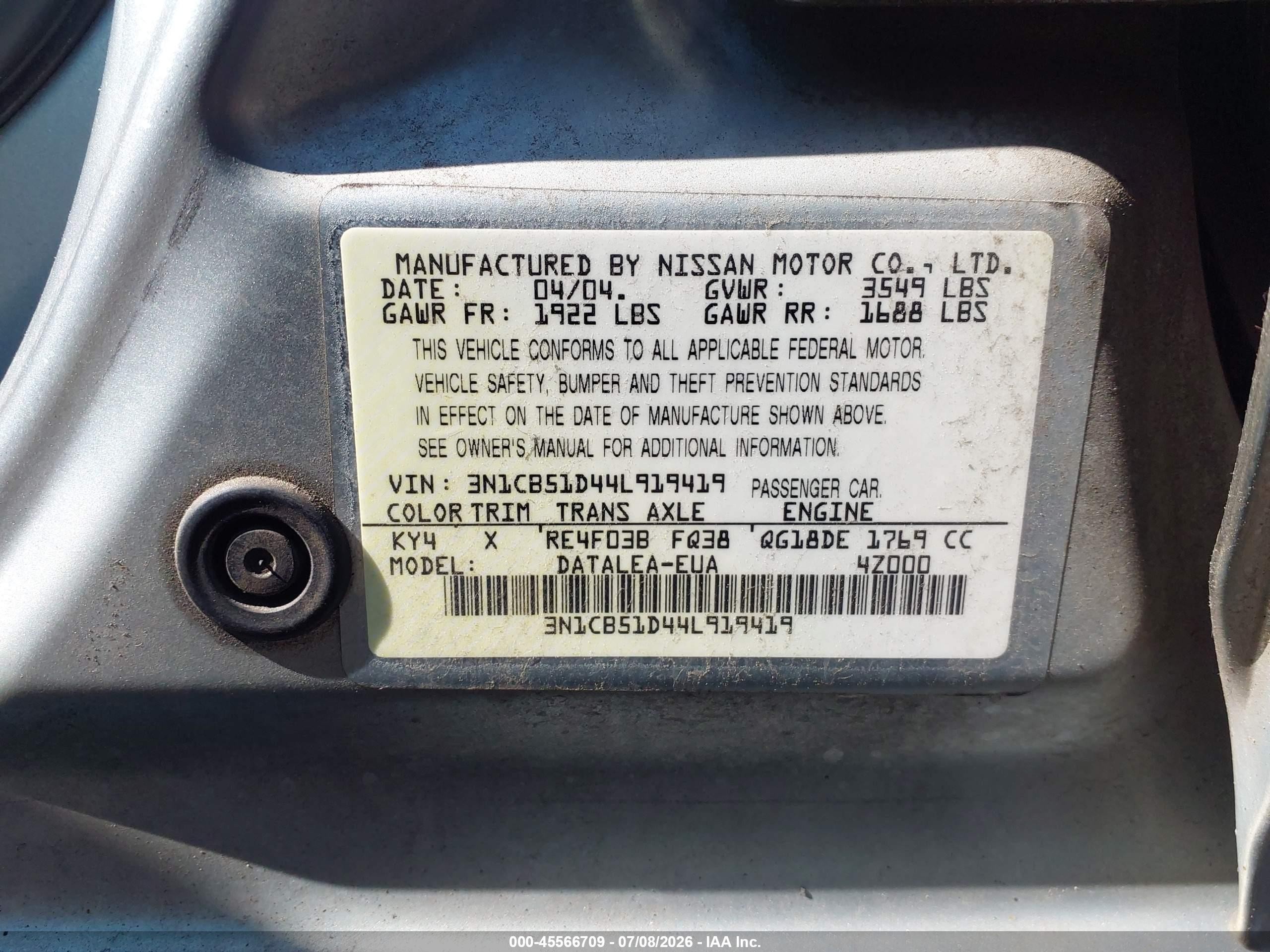 2004 Nissan Sentra 1.8s Silver vin: 3N1CB51D44L919419