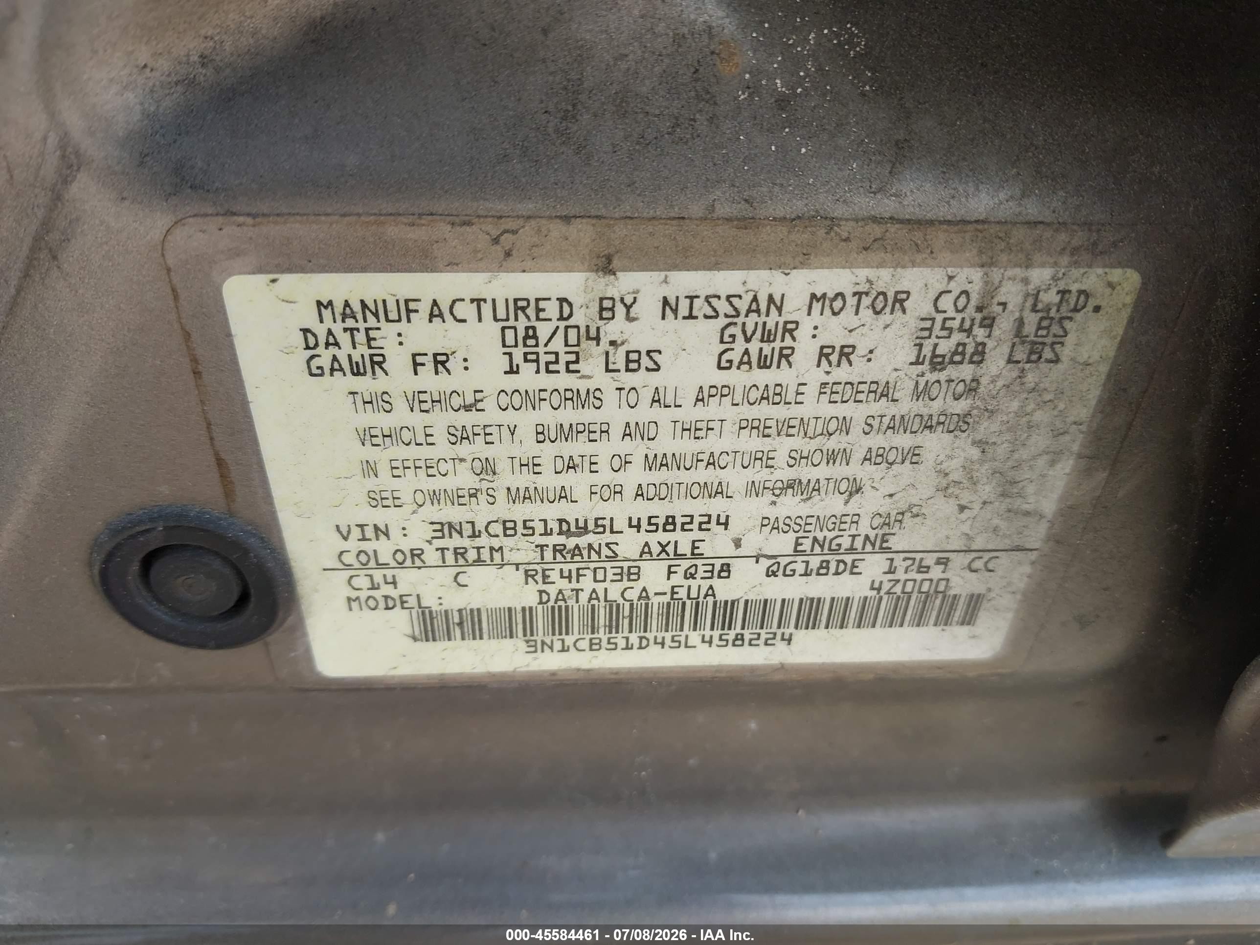 2005 Nissan Sentra 1.8 Brown vin: 3N1CB51D45L458224