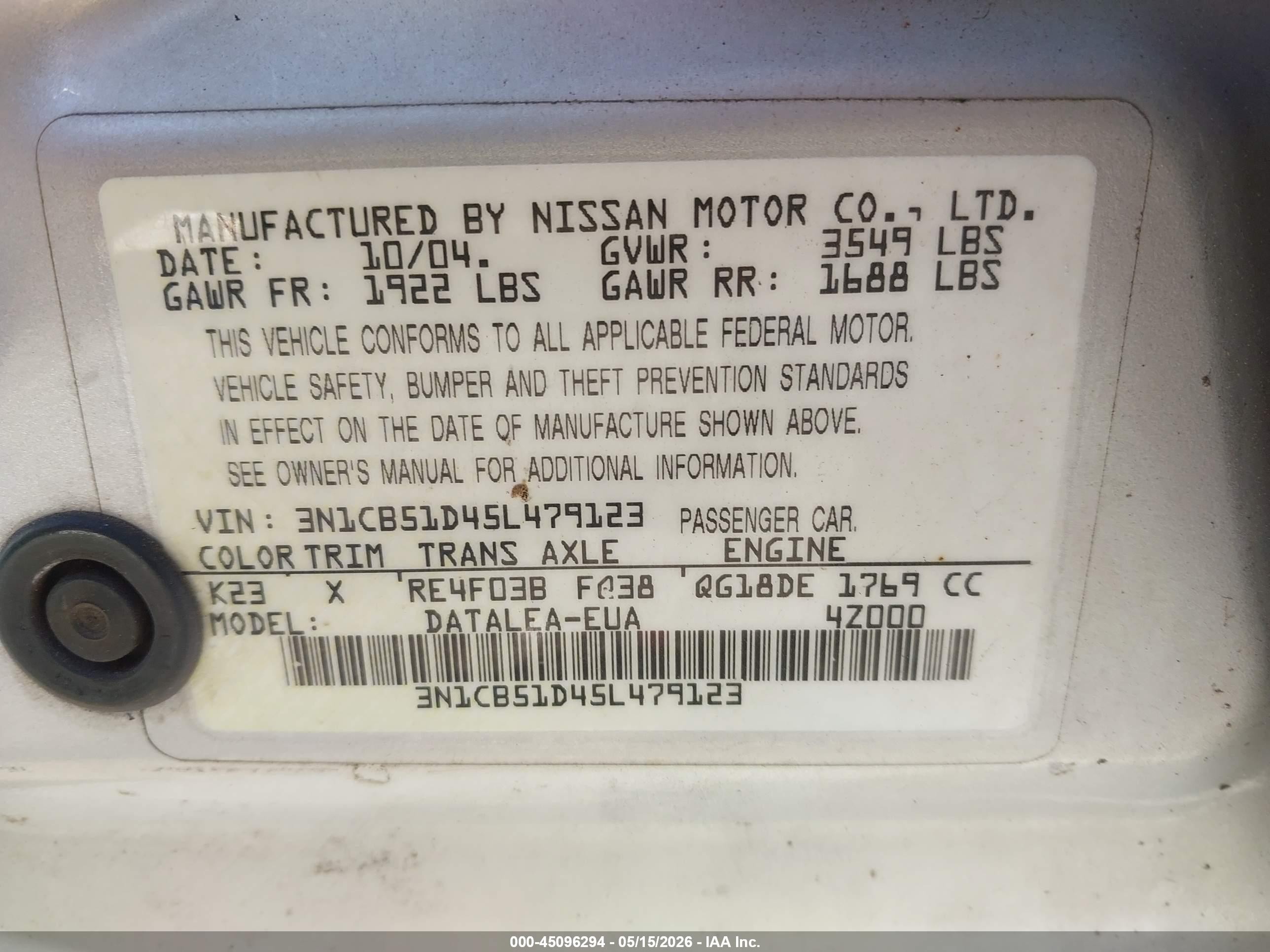 2005 Nissan Sentra 1.8s Серебряный vin: 3N1CB51D45L479123