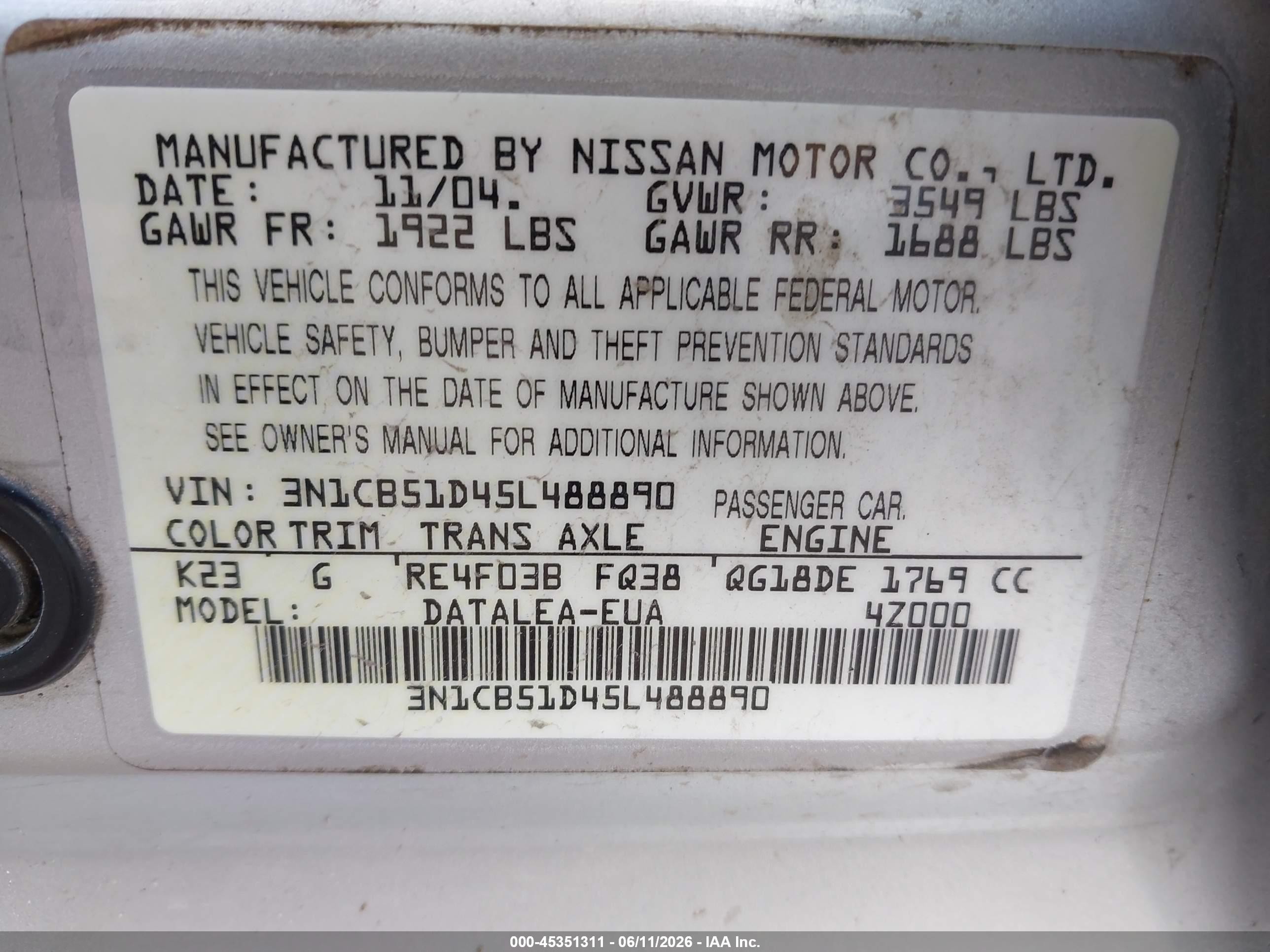 2005 Nissan Sentra 1.8s Silver vin: 3N1CB51D45L488890