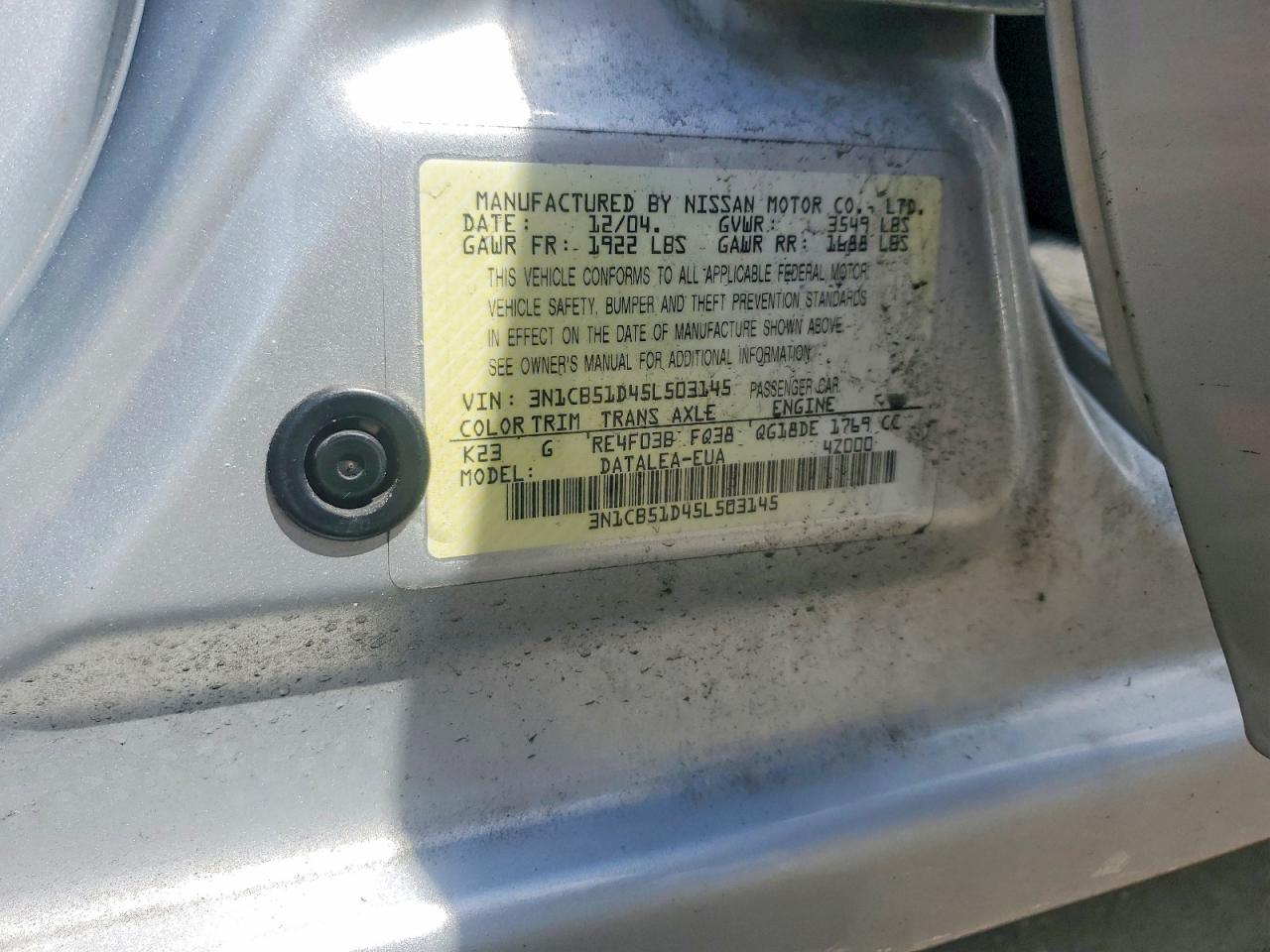 2005 Nissan Sentra 1.8 Silver vin: 3N1CB51D45L503145