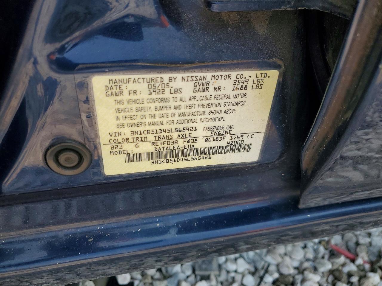 2005 Nissan Sentra Blue vin: 3N1CB51D45L565421