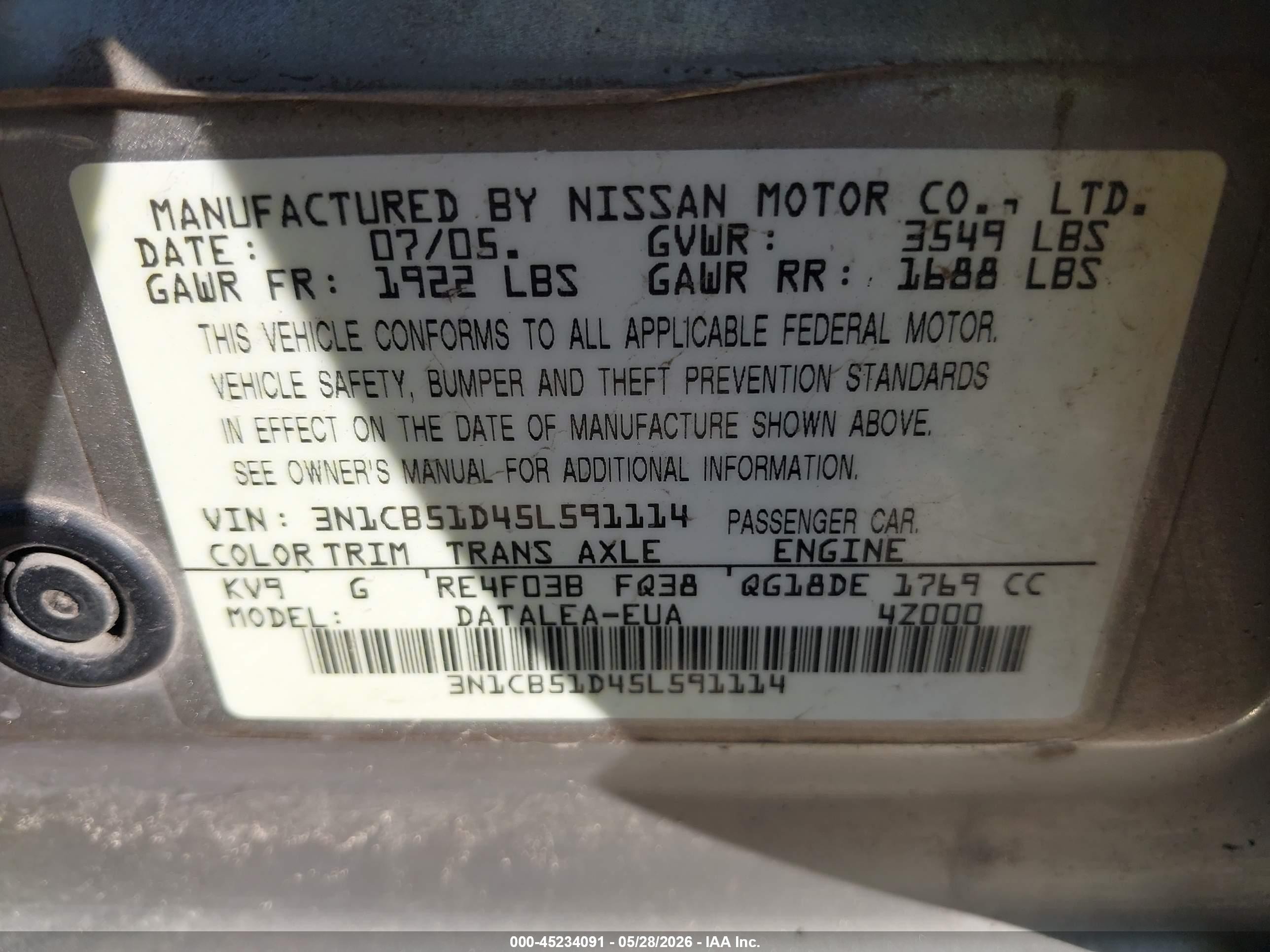 2005 Nissan Sentra 1.8s Silver vin: 3N1CB51D45L591114