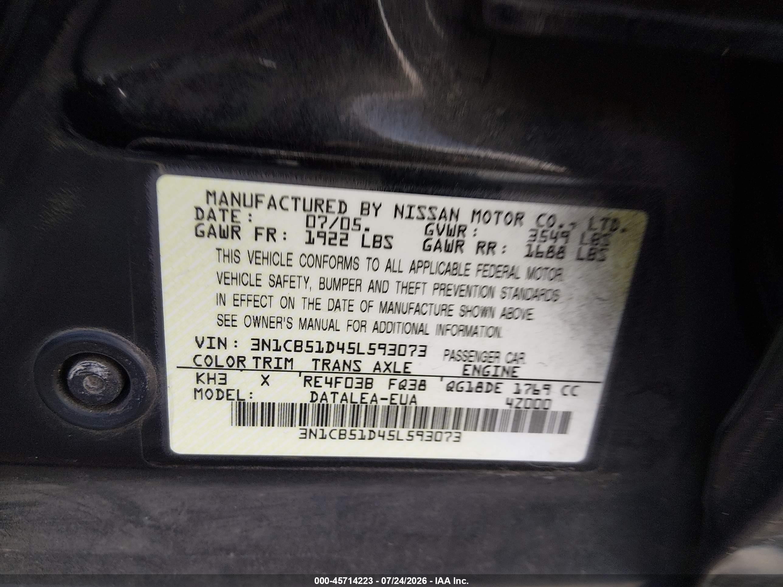 2005 Nissan Sentra 1.8s Black vin: 3N1CB51D45L593073