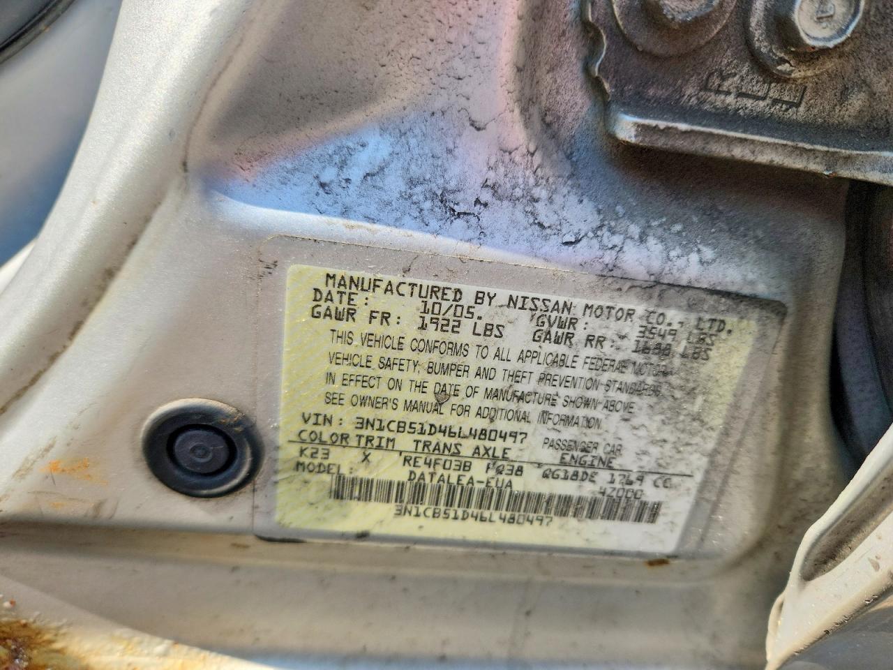 2006 Nissan Sentra 1.8 Silver vin: 3N1CB51D46L480497