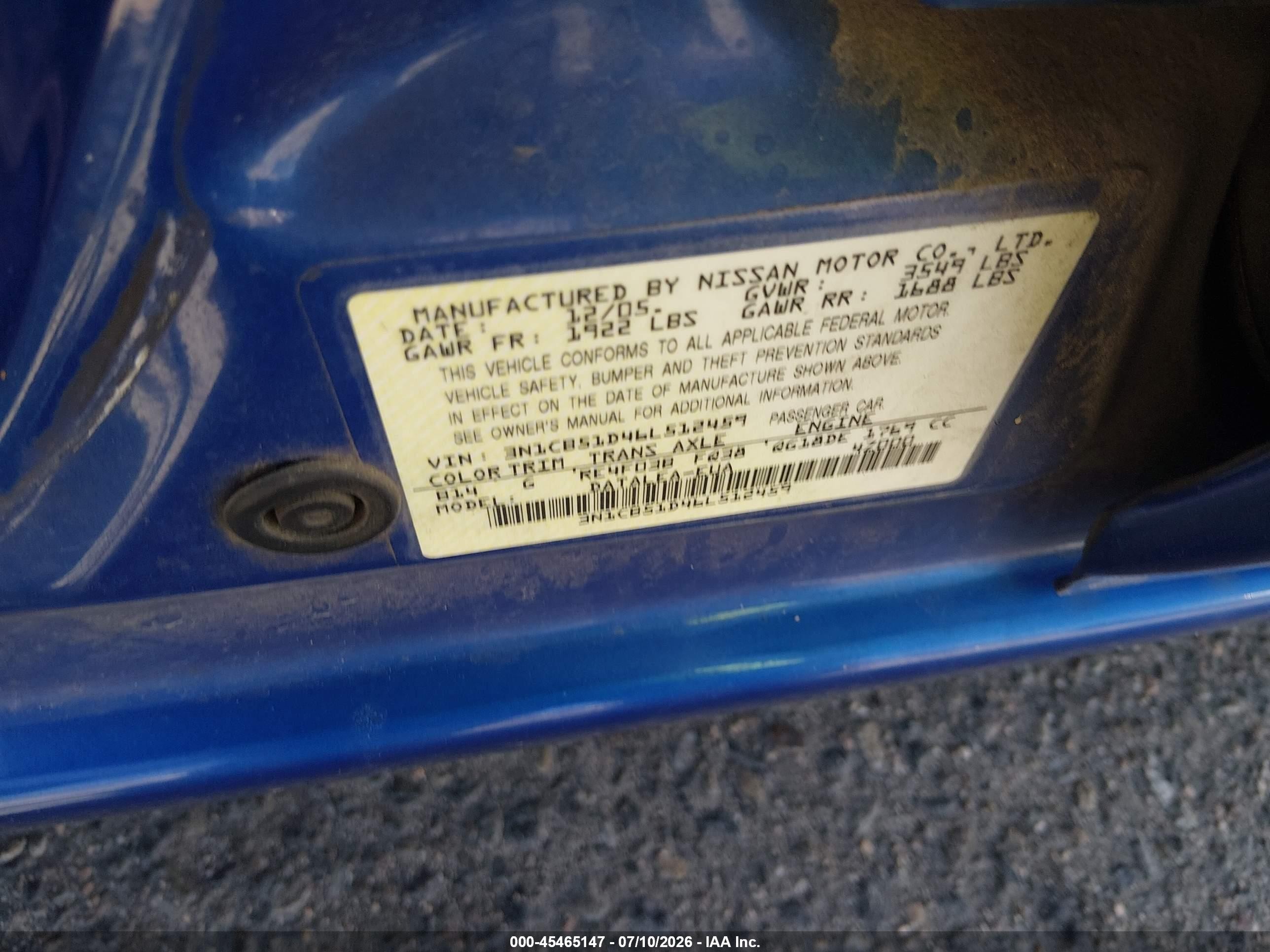 2006 Nissan Sentra 1.8s Blue vin: 3N1CB51D46L512459