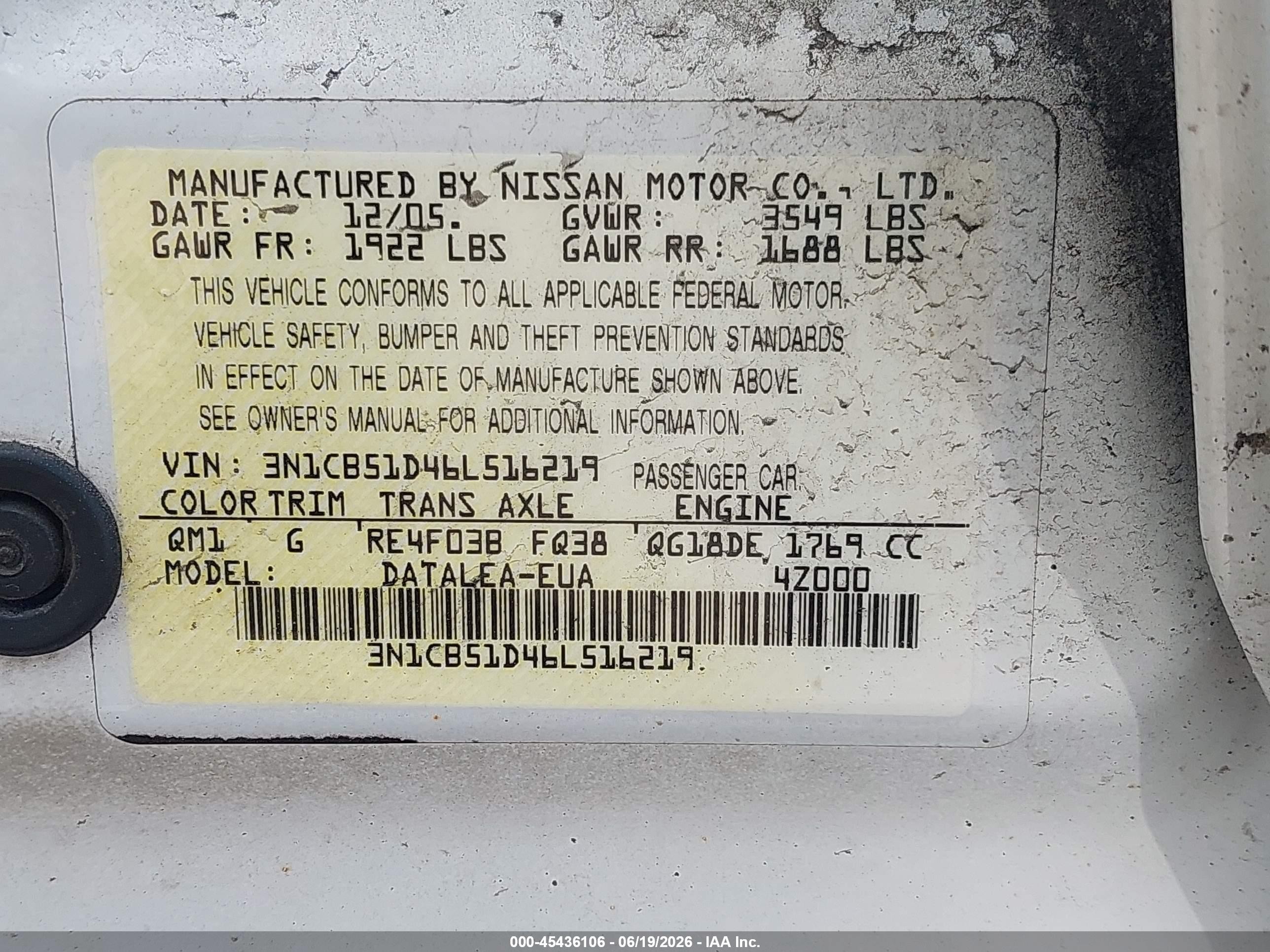 2006 Nissan Sentra 1.8s White vin: 3N1CB51D46L516219