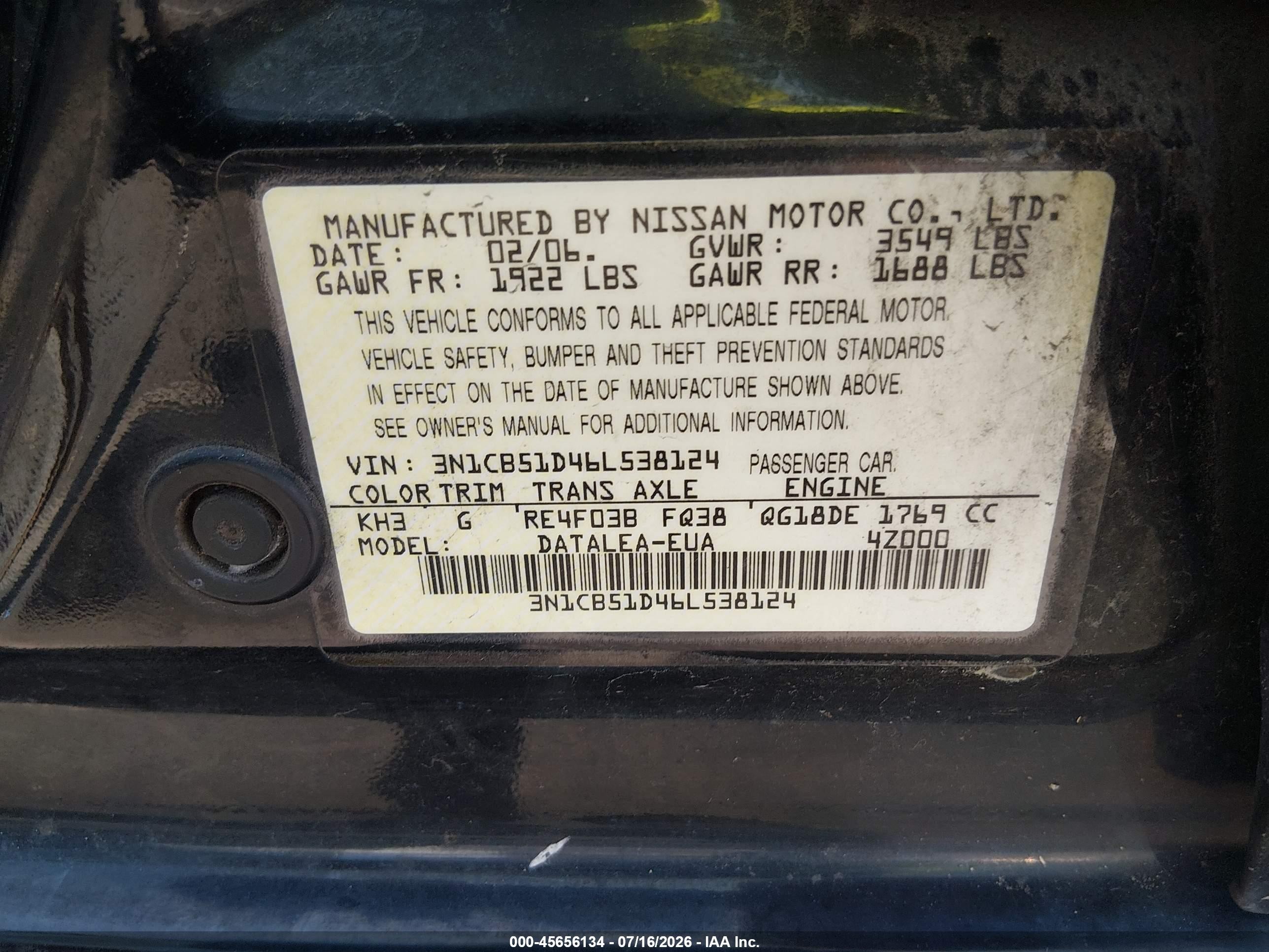 2006 Nissan Sentra 1.8s Черный vin: 3N1CB51D46L538124