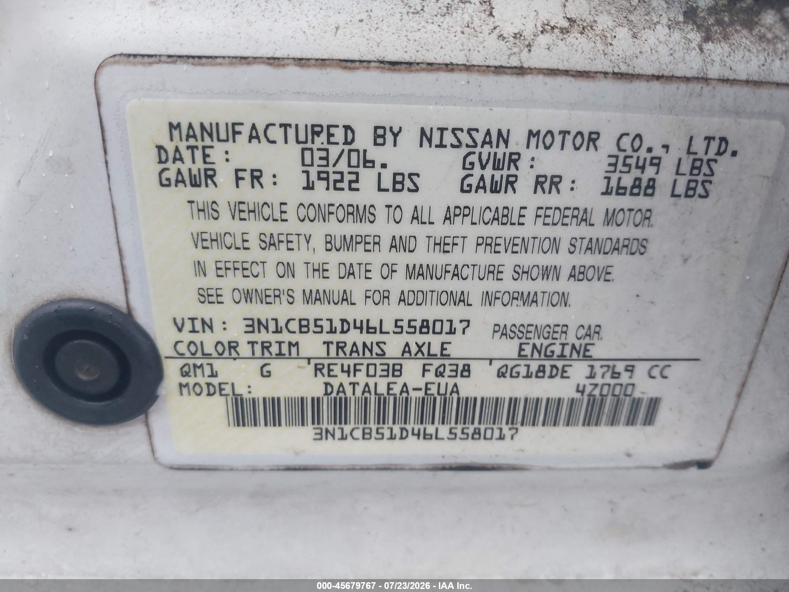 2006 Nissan Sentra 1.8s White vin: 3N1CB51D46L558017