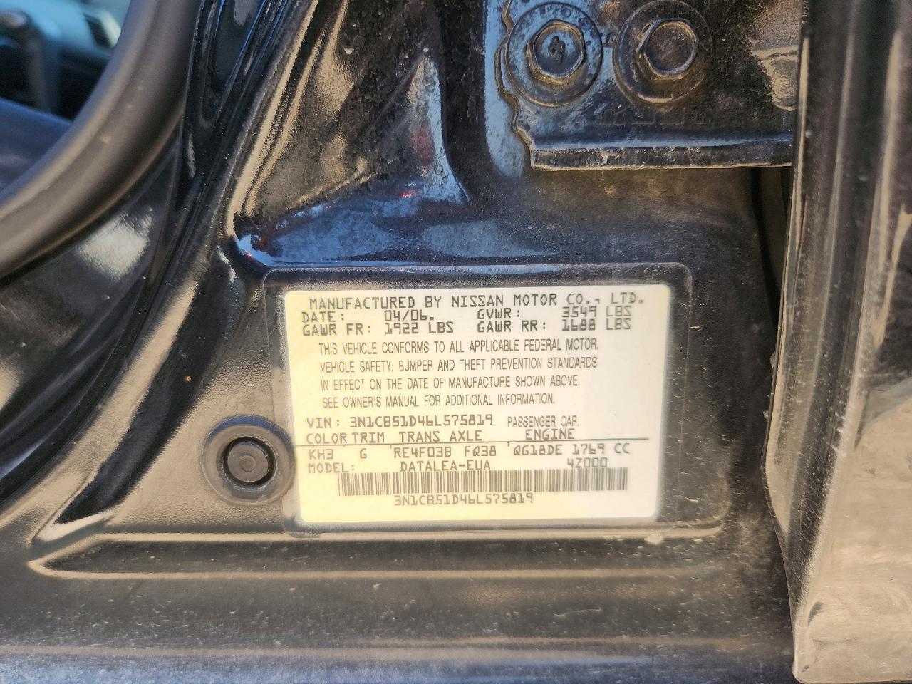 2006 Nissan Sentra 1.8 Black vin: 3N1CB51D46L575819