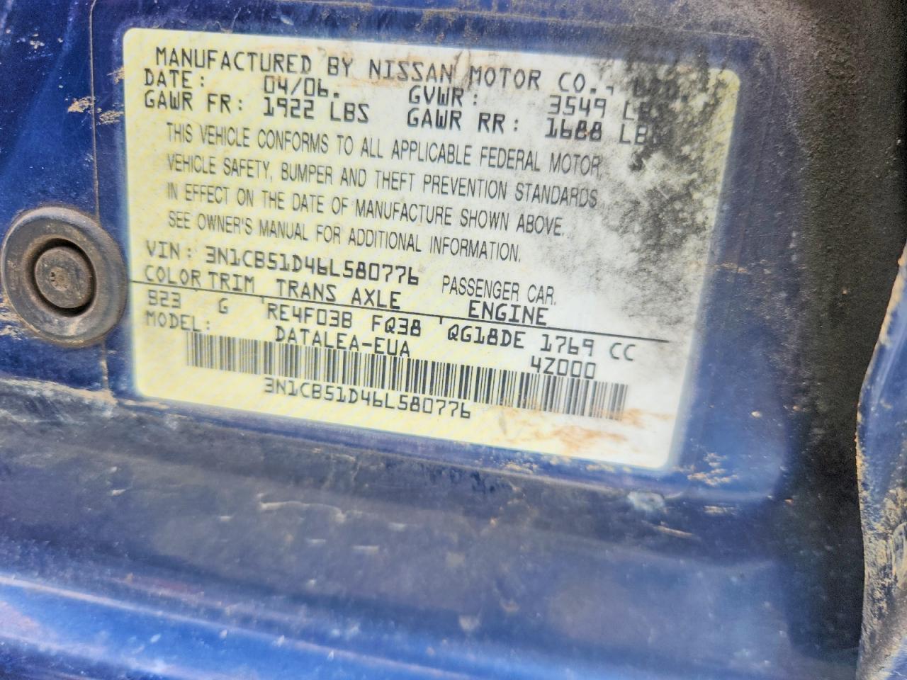 2006 Nissan Sentra 1.8 Синий vin: 3N1CB51D46L580776