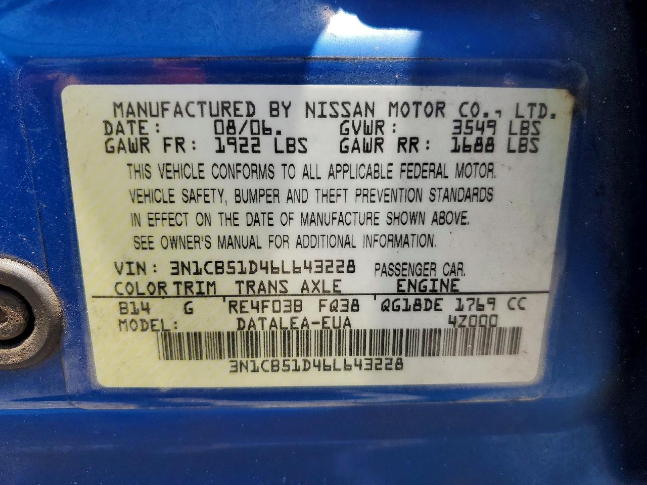 2006 Nissan Sentra 1.8/1.8s Blue vin: 3N1CB51D46L643228