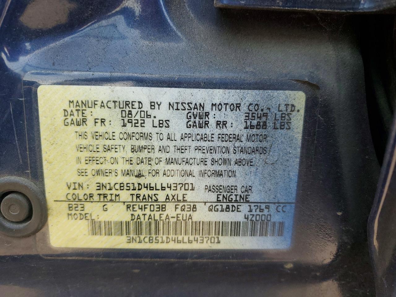 2006 Nissan Sentra 1.8 Blue vin: 3N1CB51D46L643701