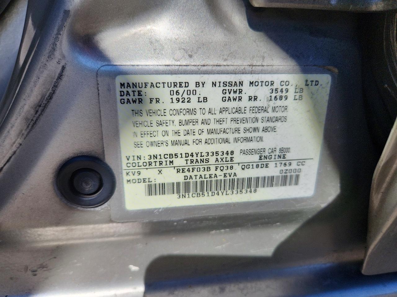 2000 Nissan Sentra Xe Silver vin: 3N1CB51D4YL335348
