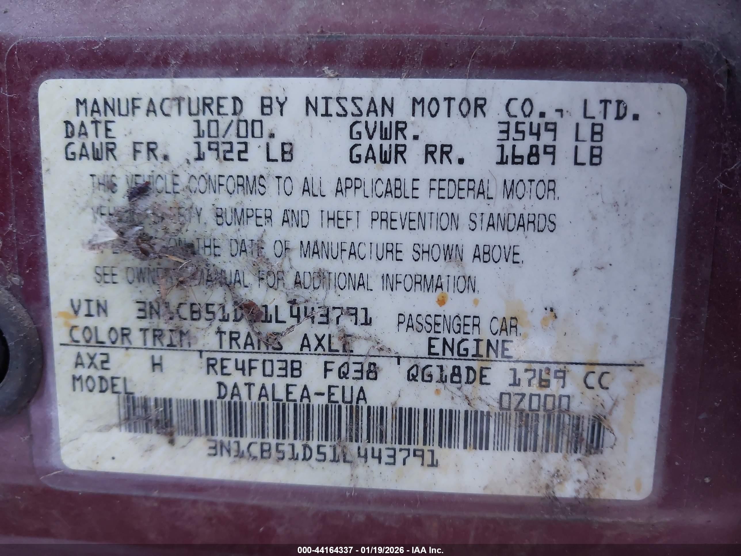2001 Nissan Sentra Gxe Red vin: 3N1CB51D51L443791