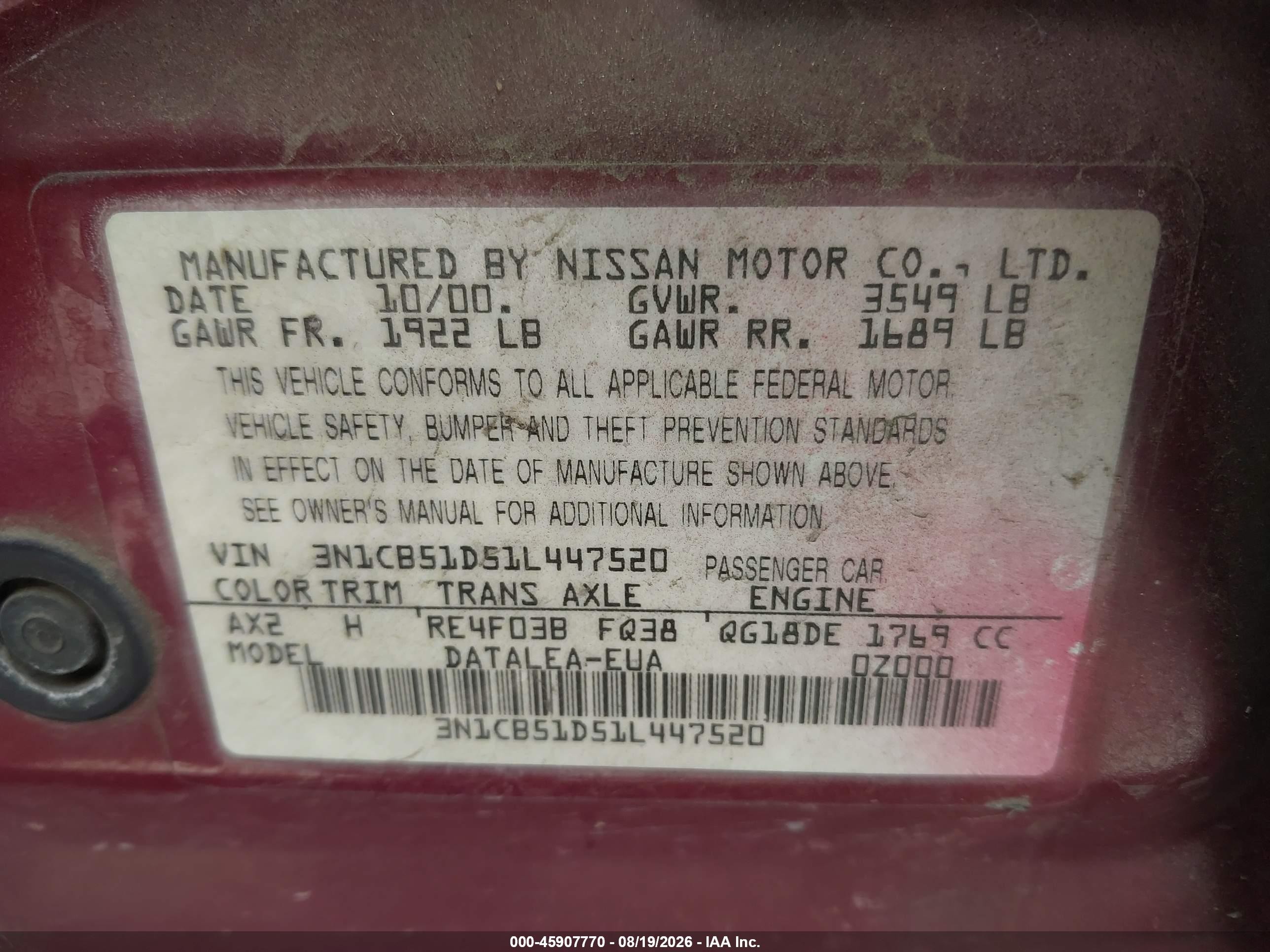 2001 Nissan Sentra Gxe Burgundy vin: 3N1CB51D51L447520