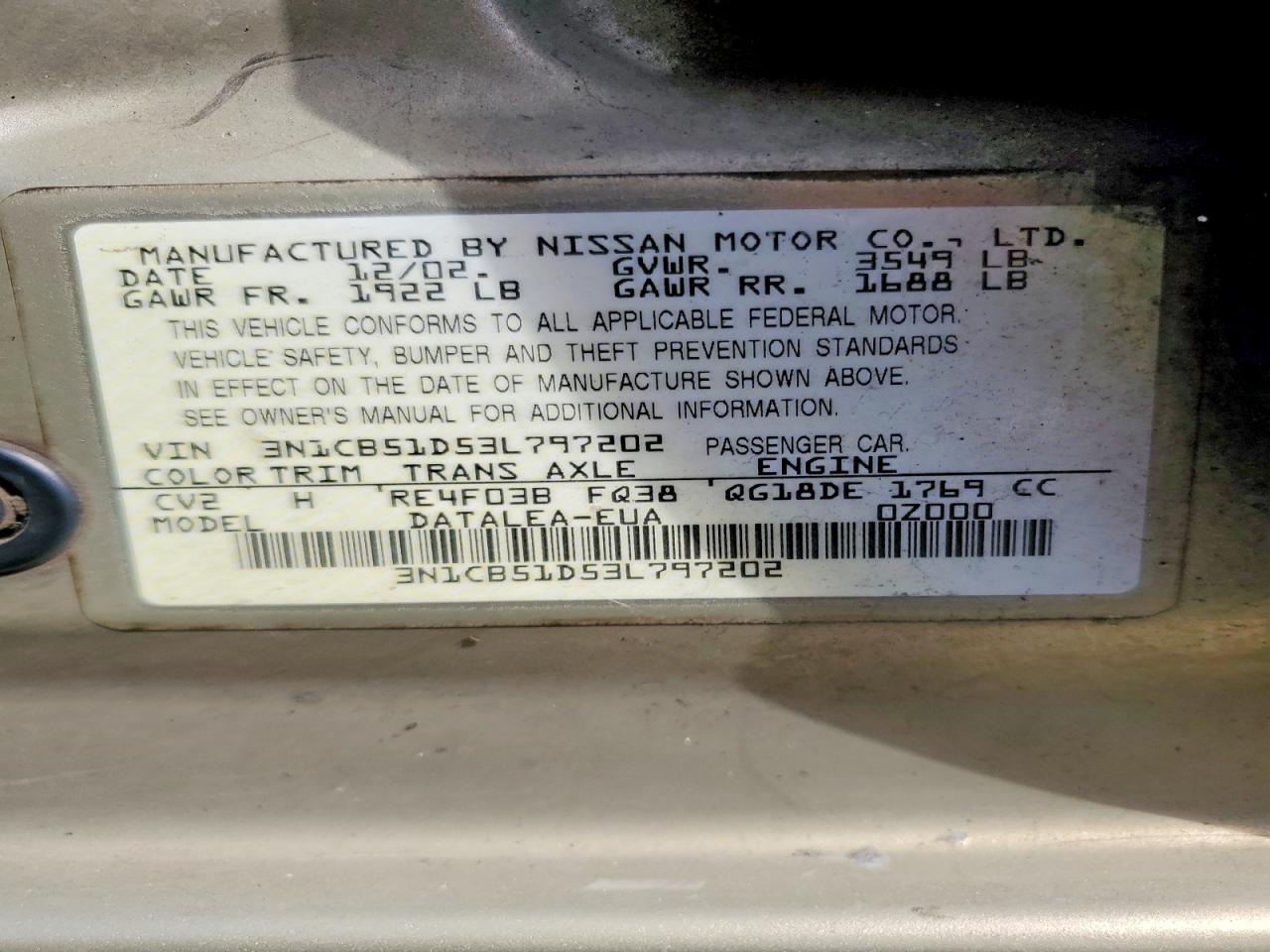 2003 Nissan Sentra Xe Бежевый vin: 3N1CB51D53L797202