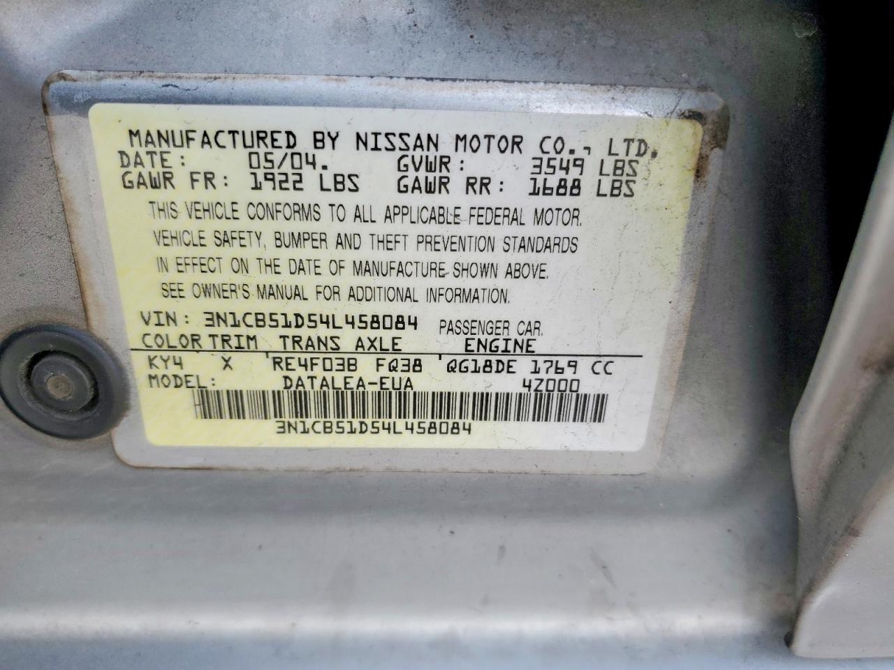 2004 Nissan Sentra 1.8 Silver vin: 3N1CB51D54L458084
