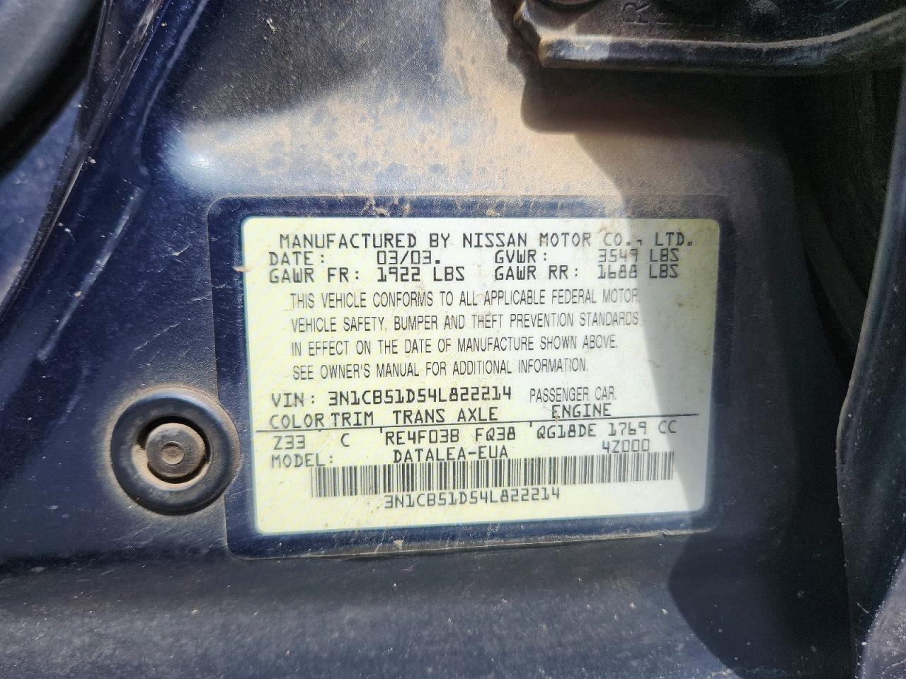 2004 Nissan Sentra 1.8 Green vin: 3N1CB51D54L822214