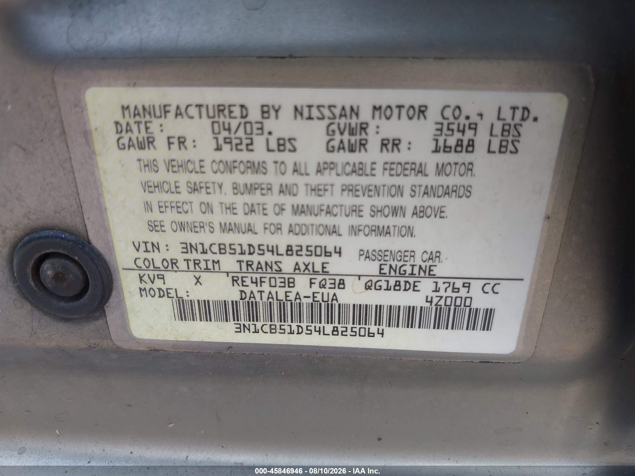 2004 Nissan Sentra 1.8s Silver vin: 3N1CB51D54L825064