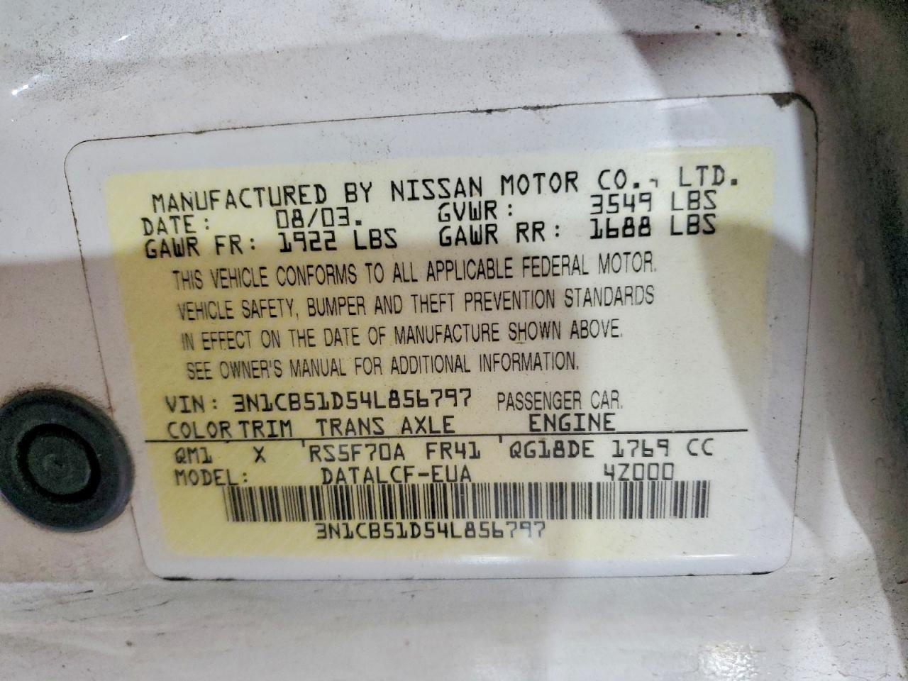2004 Nissan Sentra 1.8 White vin: 3N1CB51D54L856797
