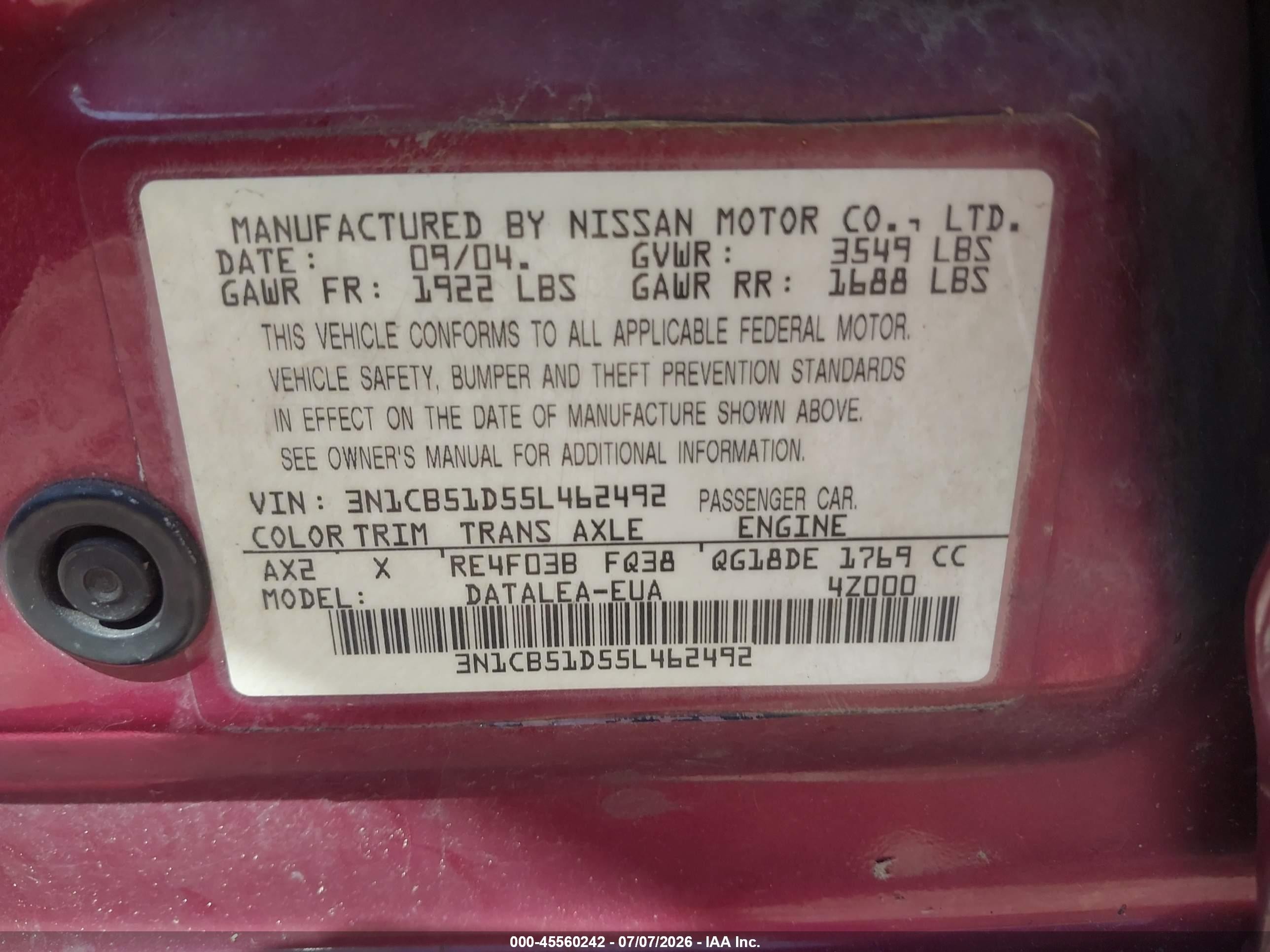2005 Nissan Sentra 1.8s Burgundy vin: 3N1CB51D55L462492