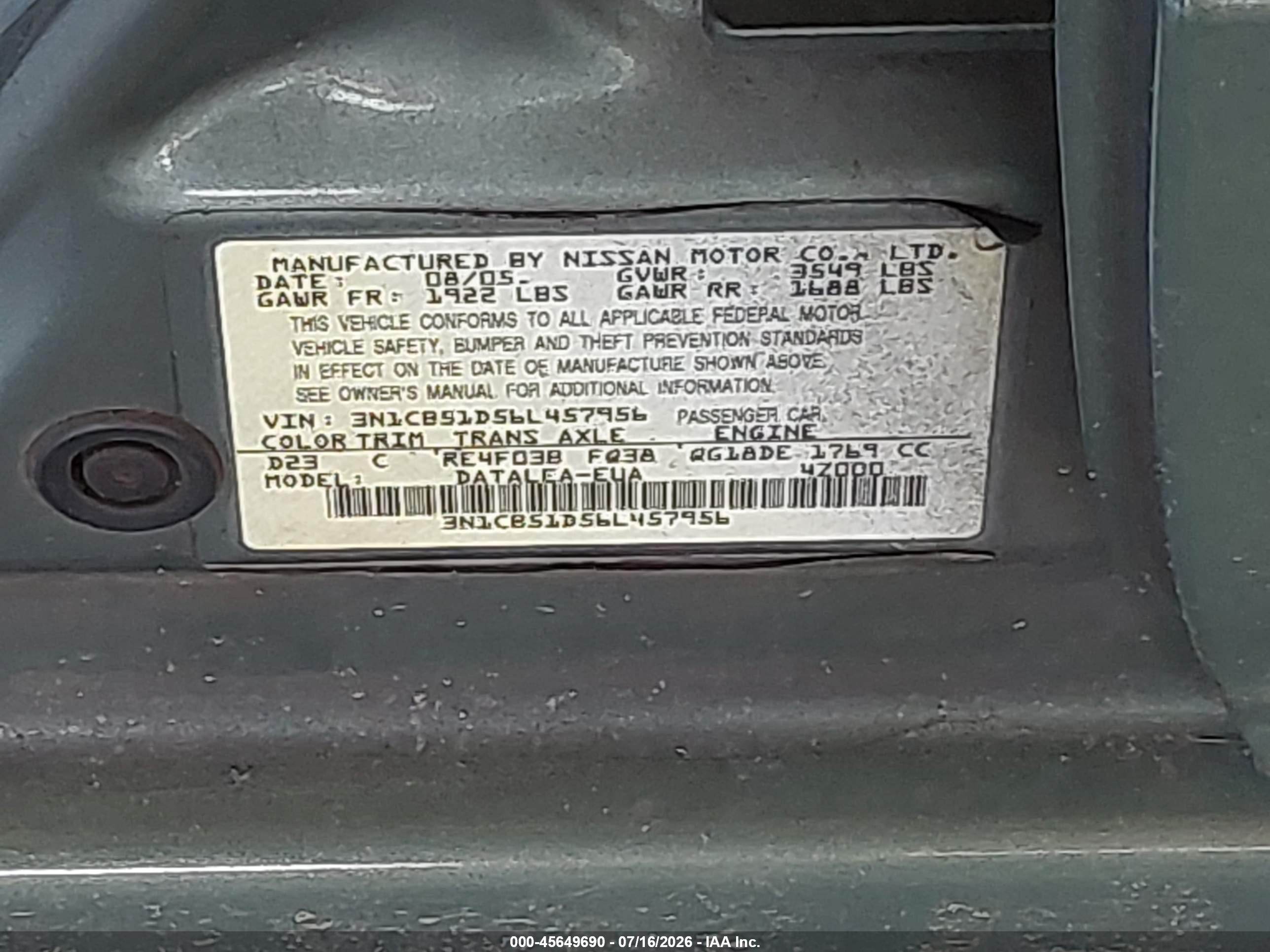 2006 Nissan Sentra 1.8s Green vin: 3N1CB51D56L457956