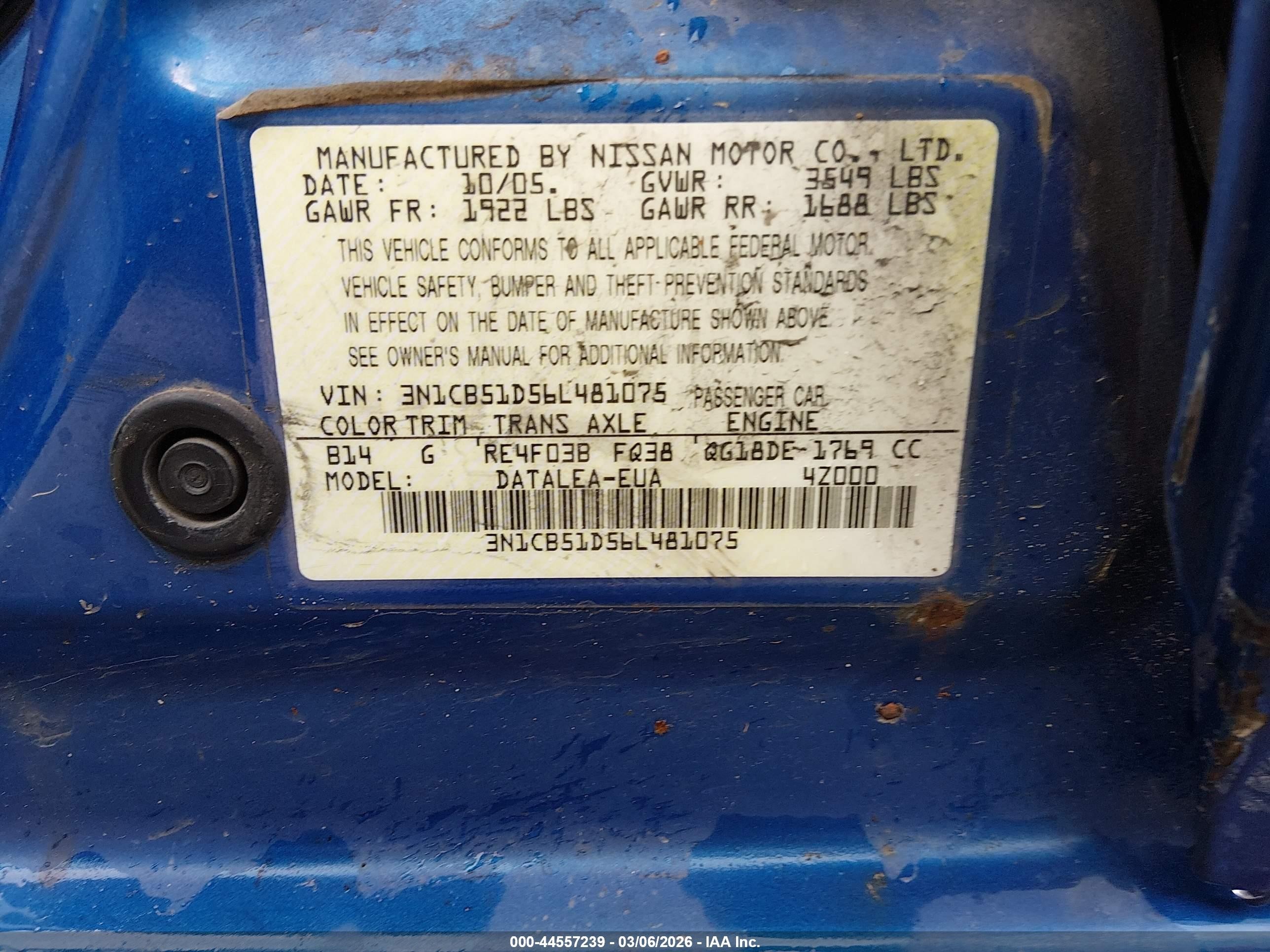 2006 Nissan Sentra 1.8s Blue vin: 3N1CB51D56L481075