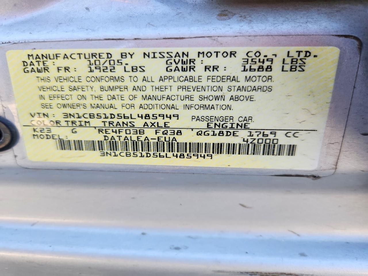 2006 Nissan Sentra 1.8/1.8s Silver vin: 3N1CB51D56L485949
