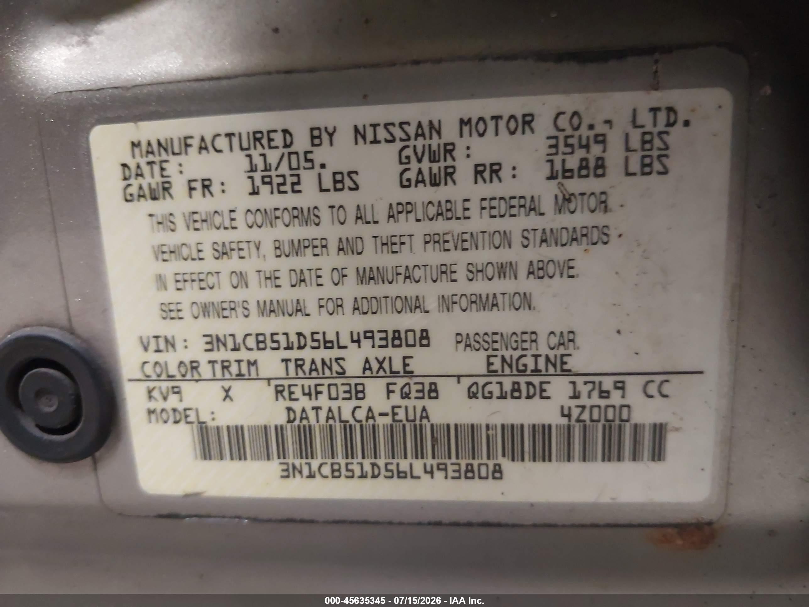 2006 Nissan Sentra 1.8 Gray vin: 3N1CB51D56L493808