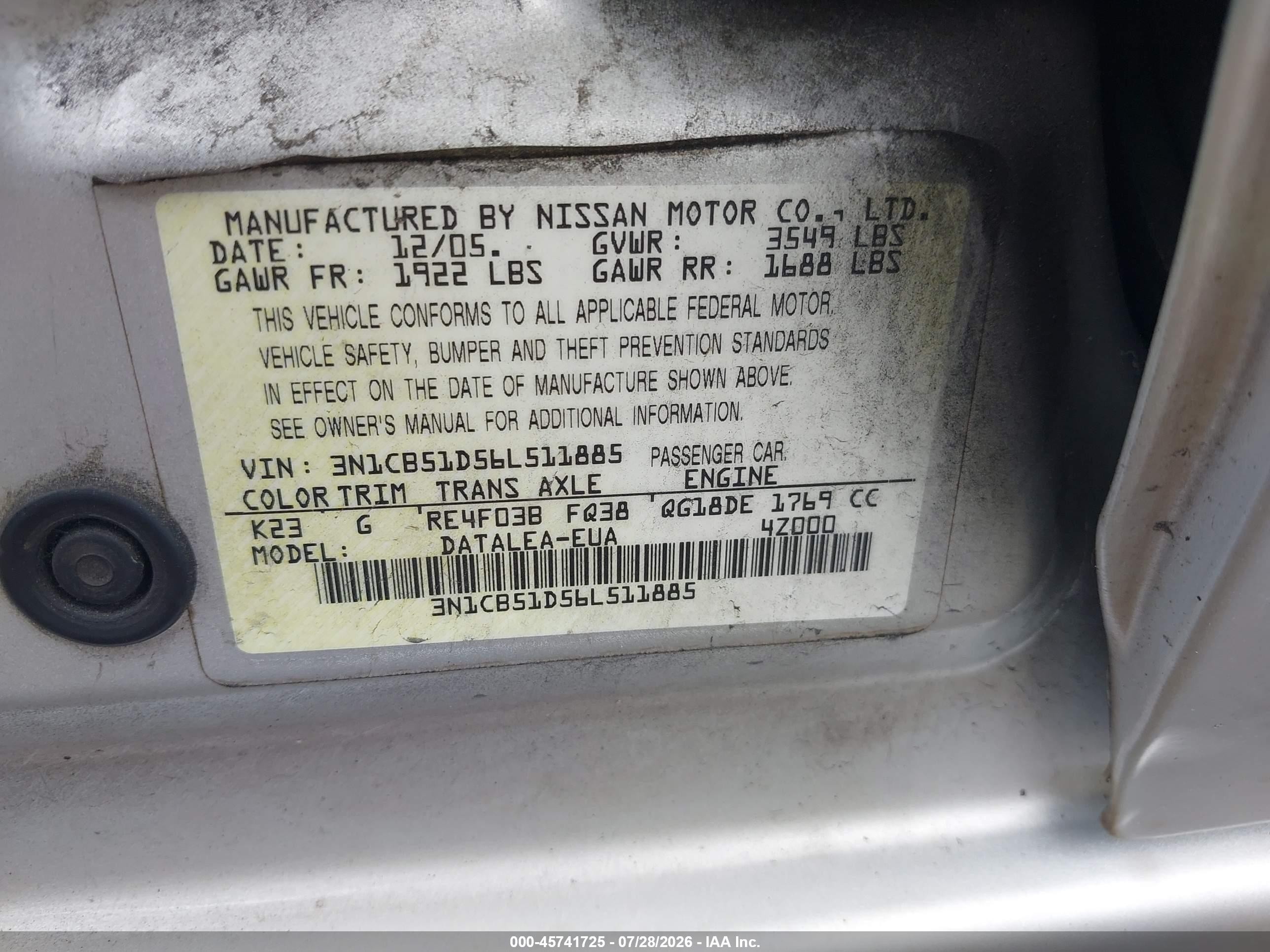 2006 Nissan Sentra 1.8s Silver vin: 3N1CB51D56L511885