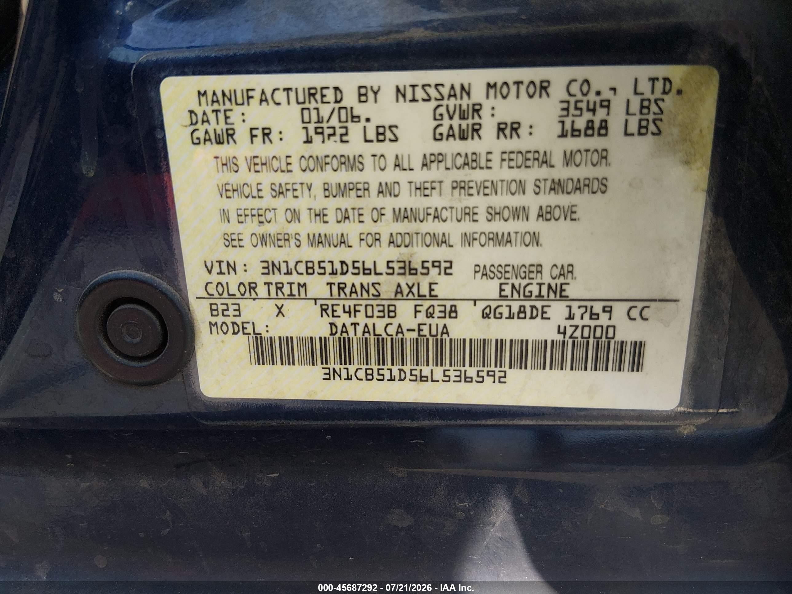 2006 Nissan Sentra 1.8 Blue vin: 3N1CB51D56L536592