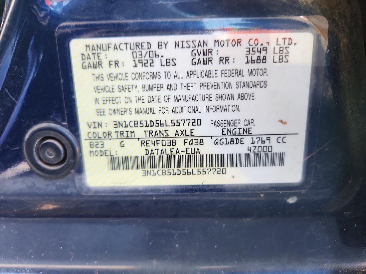 2006 Nissan Sentra 1.8 Blue vin: 3N1CB51D56L557720